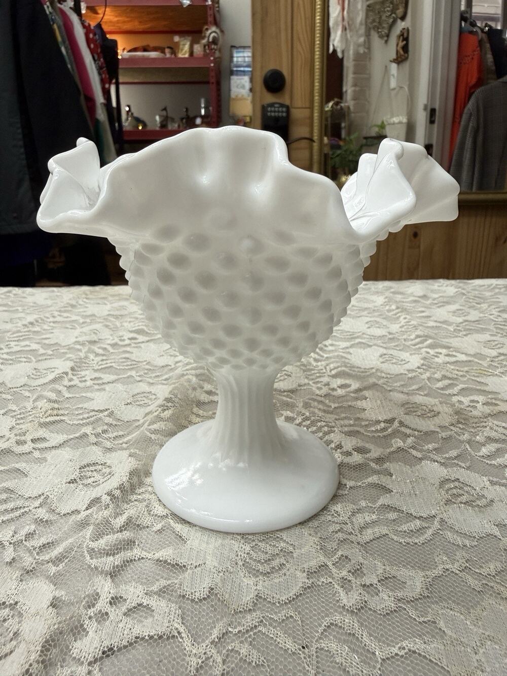 Vintage Fenton White Milk Glass Hobnail Footed Ruffled Candy Dish Compote